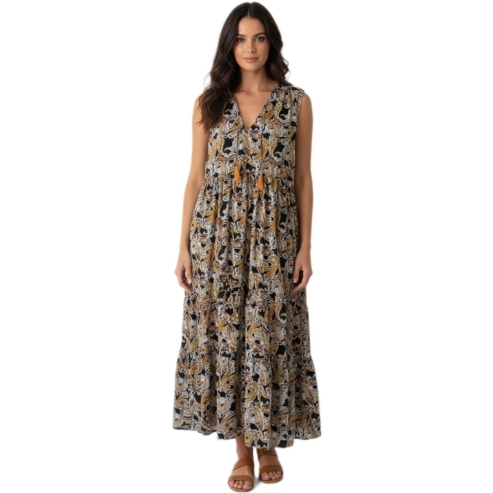 America & Beyond Paisley Boho Tassel Tie Maxi Dress Large